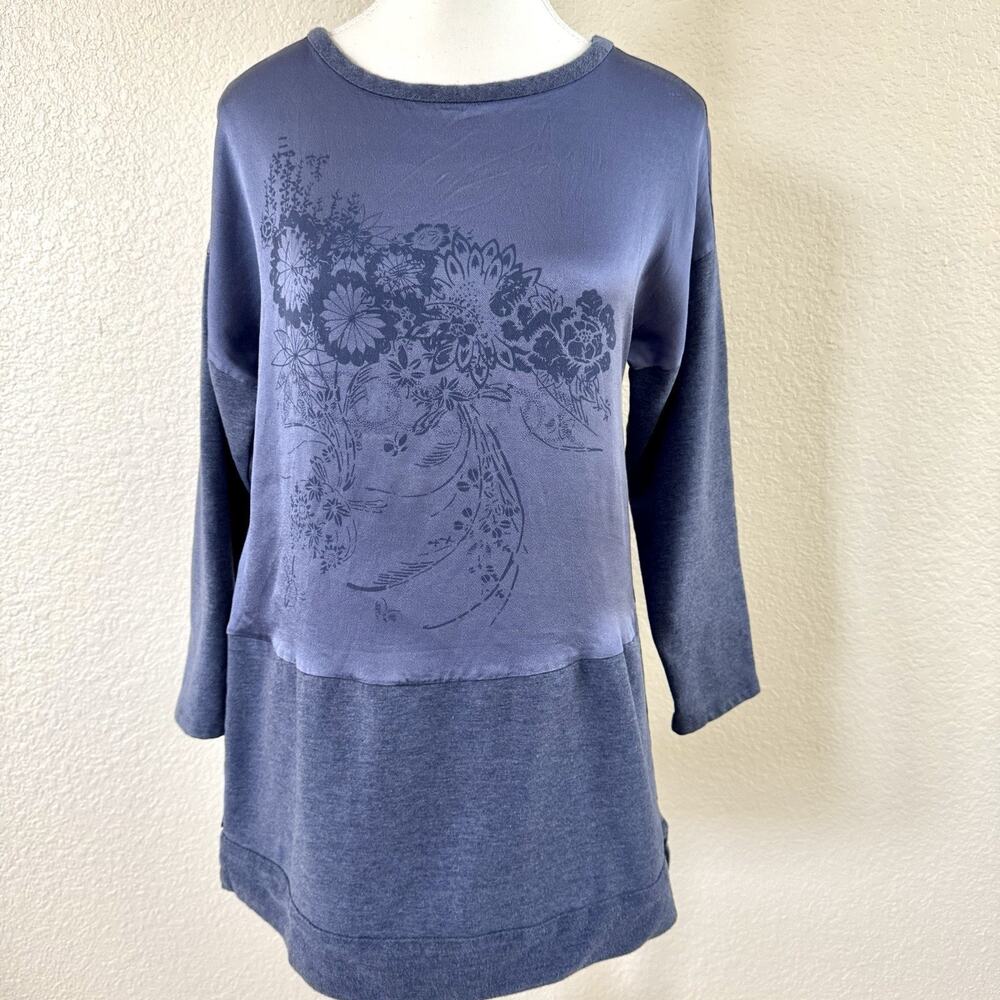 Soft Surroundings Womens Medium Blue Floral Mixed Media Tunic Top Long Sleeve
